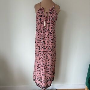 NATALIE MARTIN Floral Lotus Print Champagne Pink Silk Halter Midi Dress EUC XS